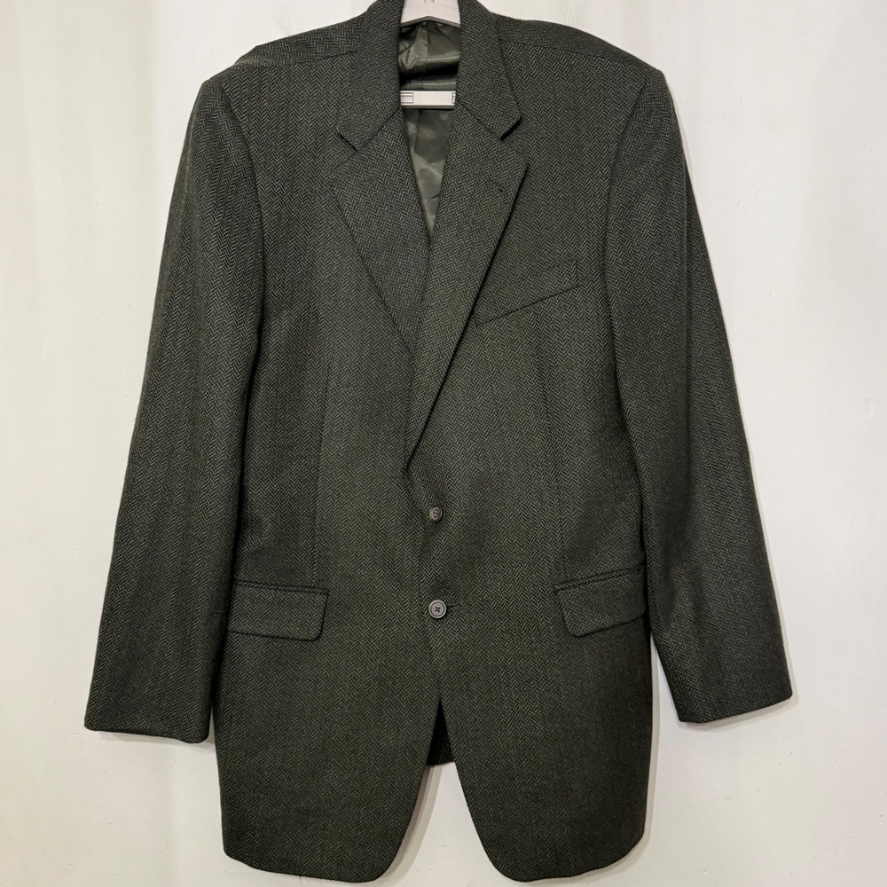 Burberry London Mens 44L Long Wool Tweed Herringbone Blazer Sport Coat Green